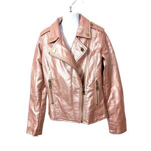 Ci Sono Kids Girl Moto Biker Jacket 8 Metallic Pink Faux Leather Zipper Pockets